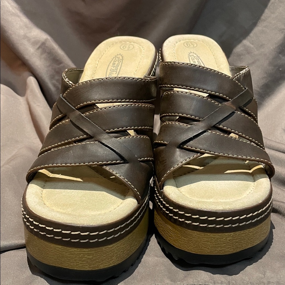 Vintage 90's Y2K Lower East Side Brown Chunky Platform Slides Sandals Size 6.5 - Picture 3 of 10